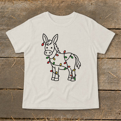 Line art donkey with Christmas lights on a light-colored t-shirt.