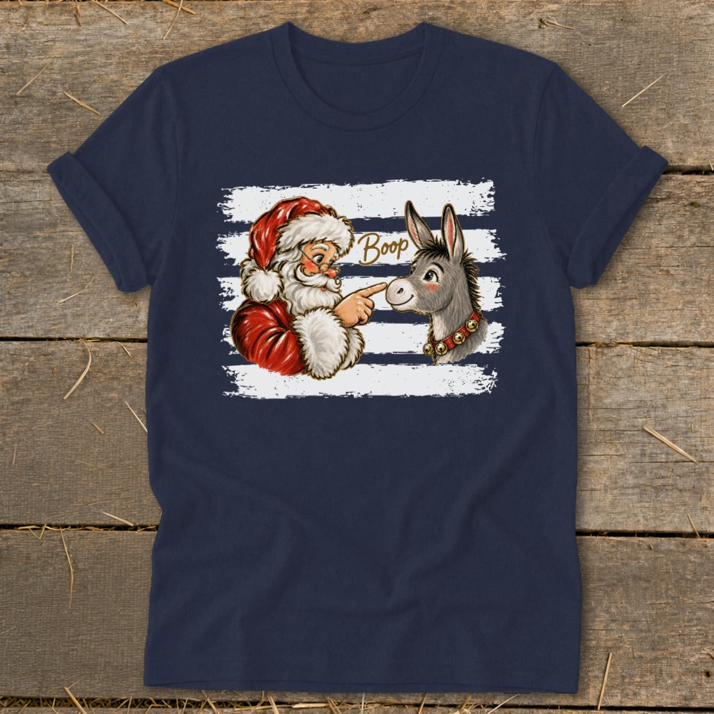 Santa booping a donkey with "Boop" text on a navy blue t-shirt.