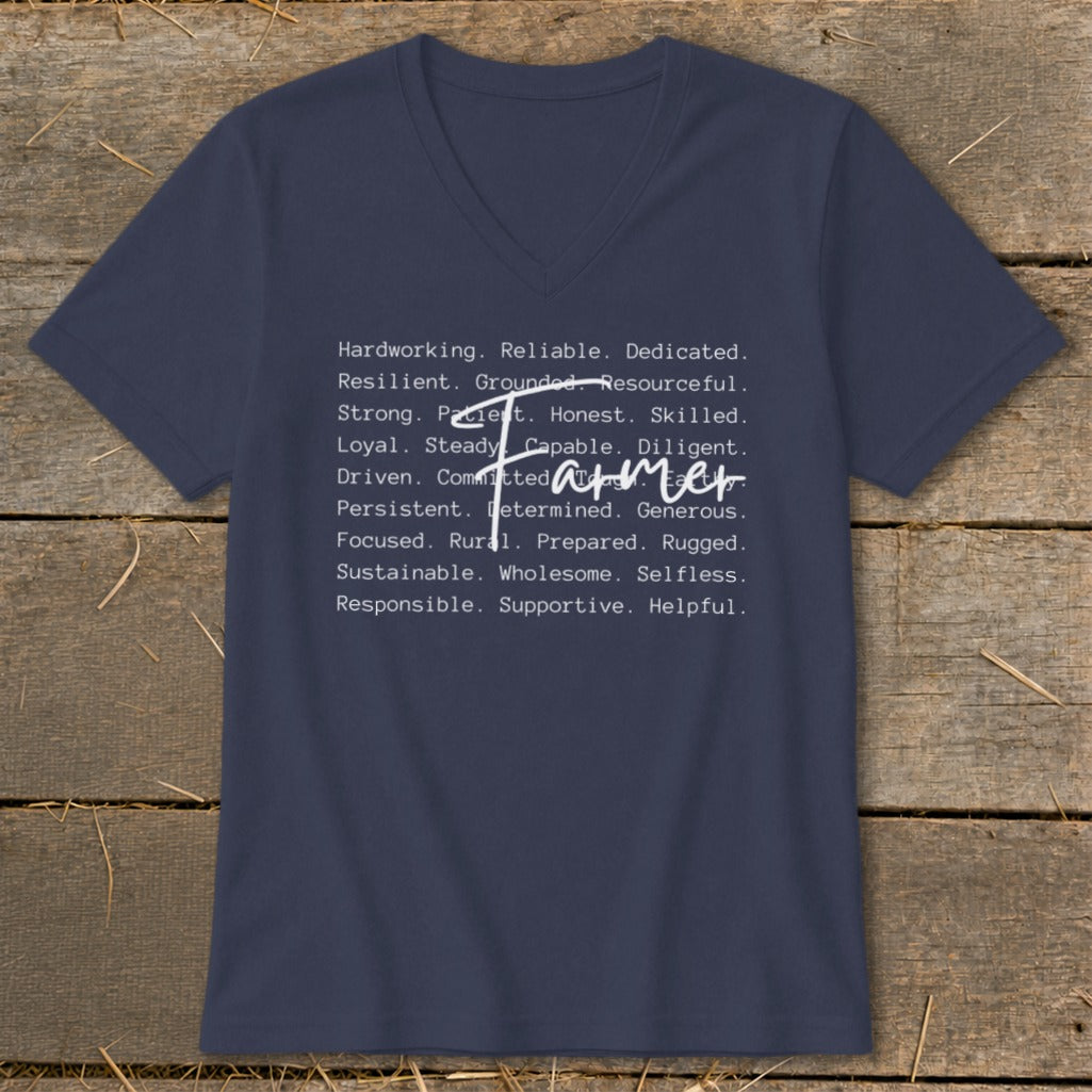 Navy v-neck t-shirt with a list of words describing a farmer.