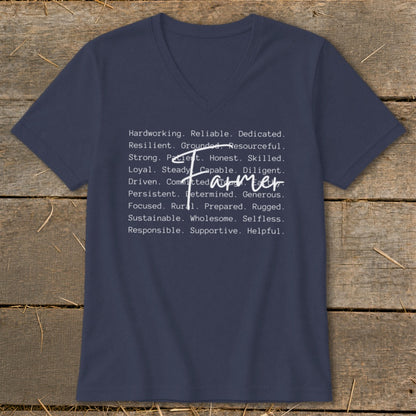 Navy v-neck t-shirt with a list of words describing a farmer.