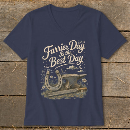 Navy t-shirt with "Farrier Day Is the Best Day" text and horseshoe, anvil, rasp.