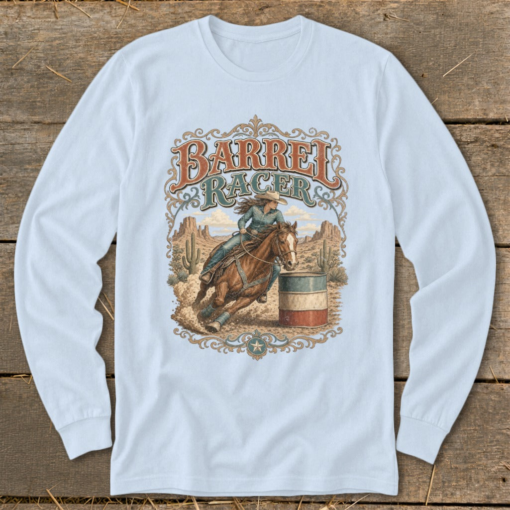 Barrel racer on horse rounding barrel with desert background and text.