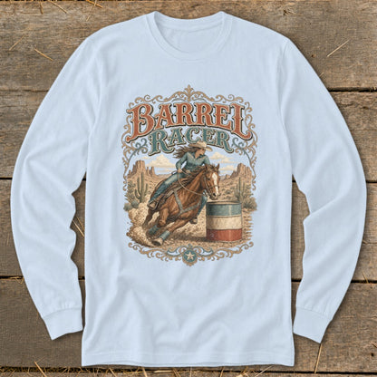 Barrel racer on horse rounding barrel with desert background and text.