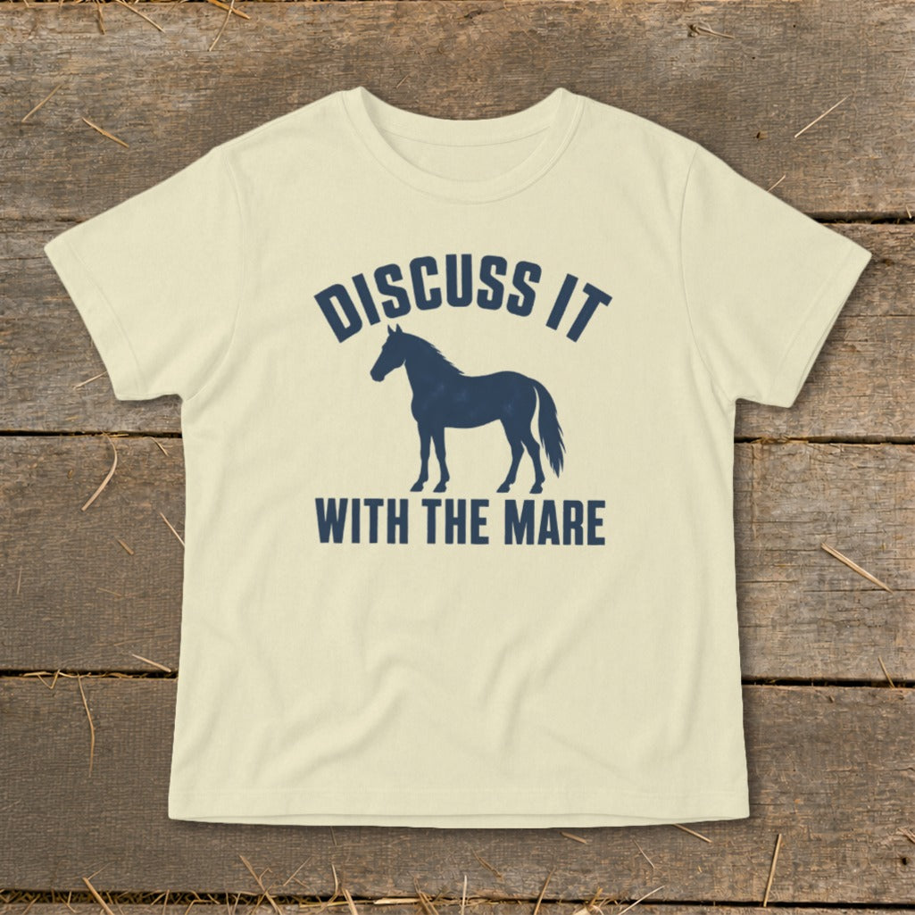 Cream t-shirt with navy blue horse silhouette and text "Discuss It With The Mare".