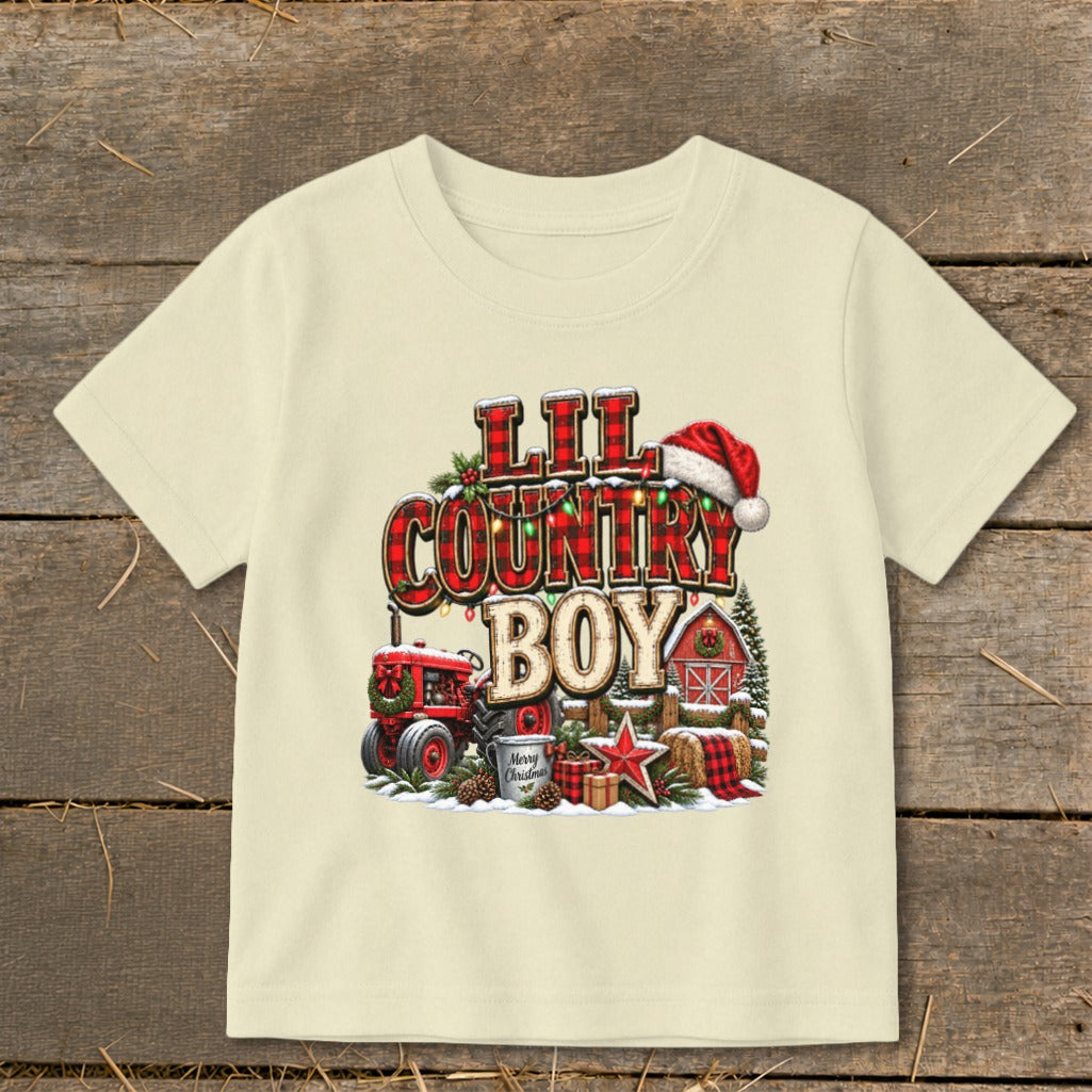 Lil Country Boy text with Santa hat, red tractor, barn, and gifts.
