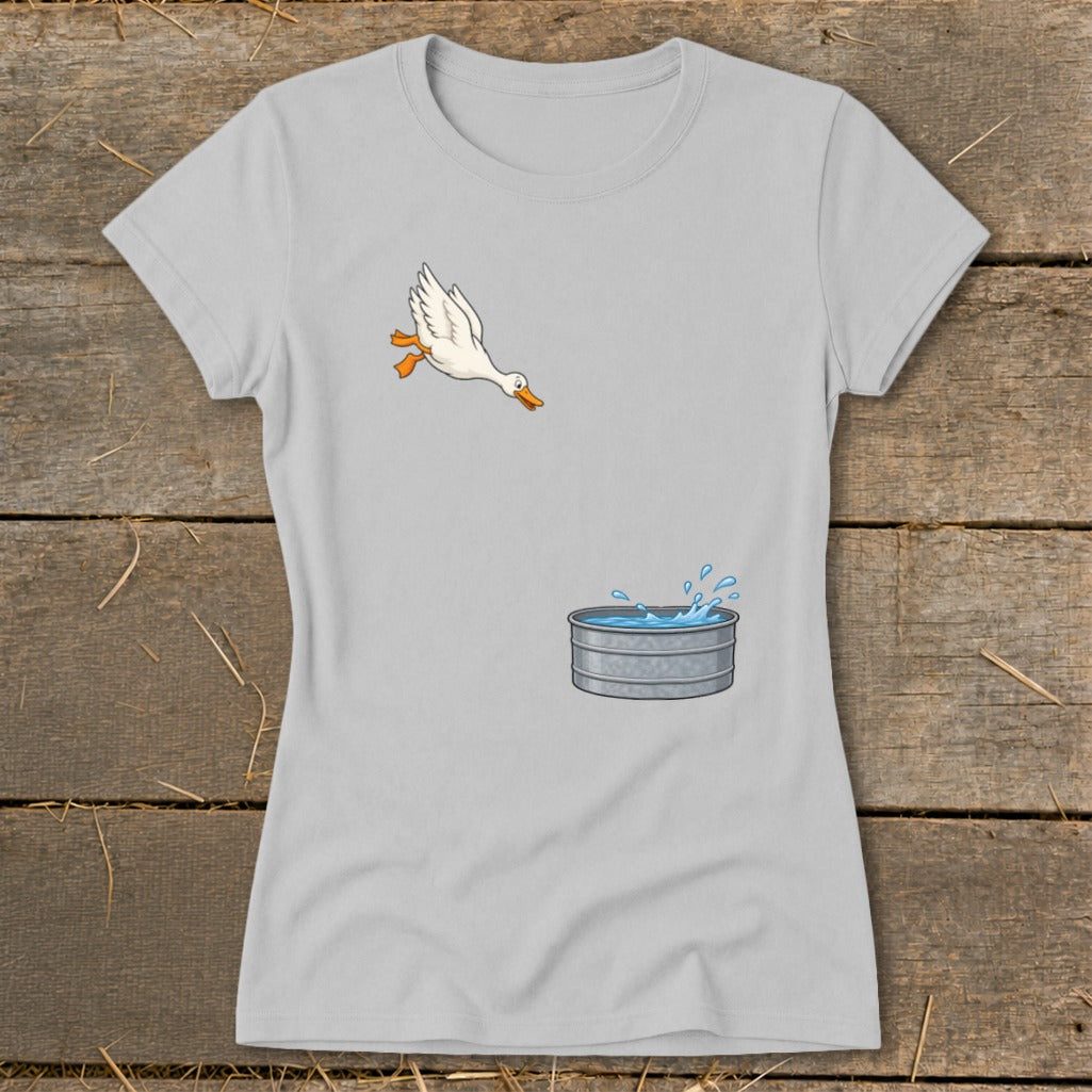 Gray t-shirt with cartoon illustration of a duck jumping into a stock tank of water.
