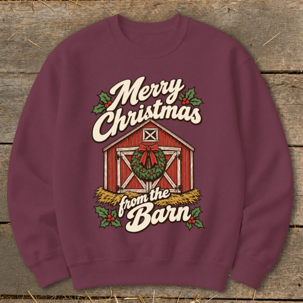 Maroon sweatshirt with "Merry Christmas from the Barn" text and barn graphic.
