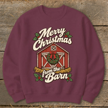 Maroon sweatshirt with "Merry Christmas from the Barn" text and barn graphic.