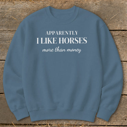 Blue sweatshirt with "Apparently I Like Horses More Than Money" text.