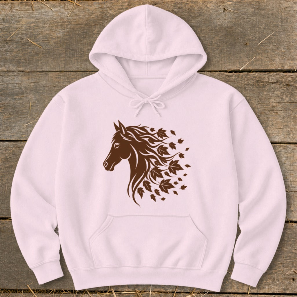 Pink hoodie with brown horse and falling leaves graphic.