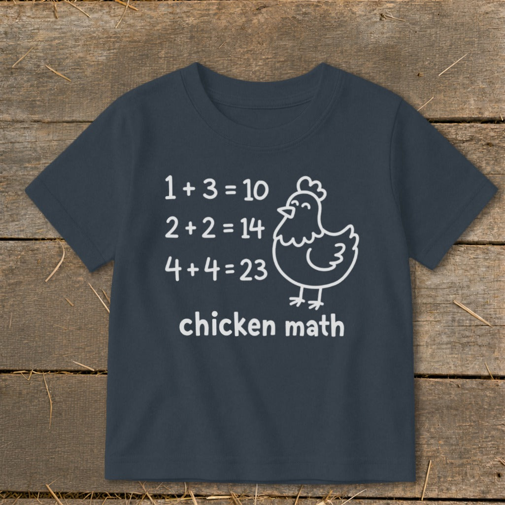 Dark blue t-shirt with "chicken math" text and funny math equations and a chicken illustration.