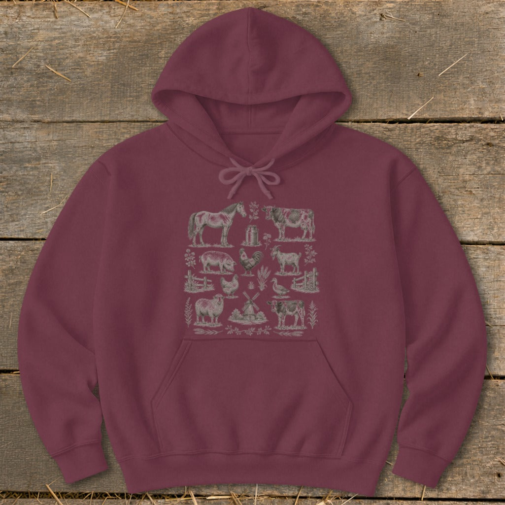 Maroon hoodie with a collage of vintage farm animal illustrations in a grid pattern.