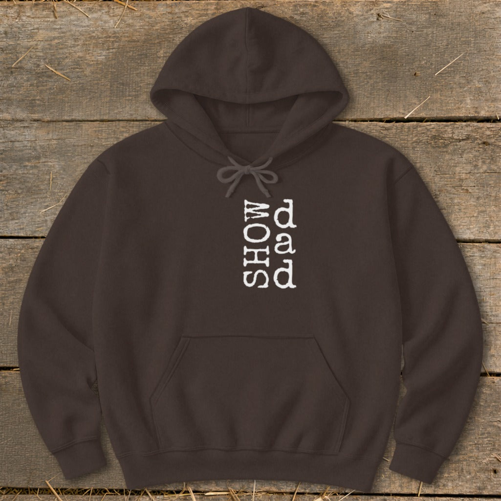 Brown hoodie with vertical "SHOW" and "QUAD" text in white.