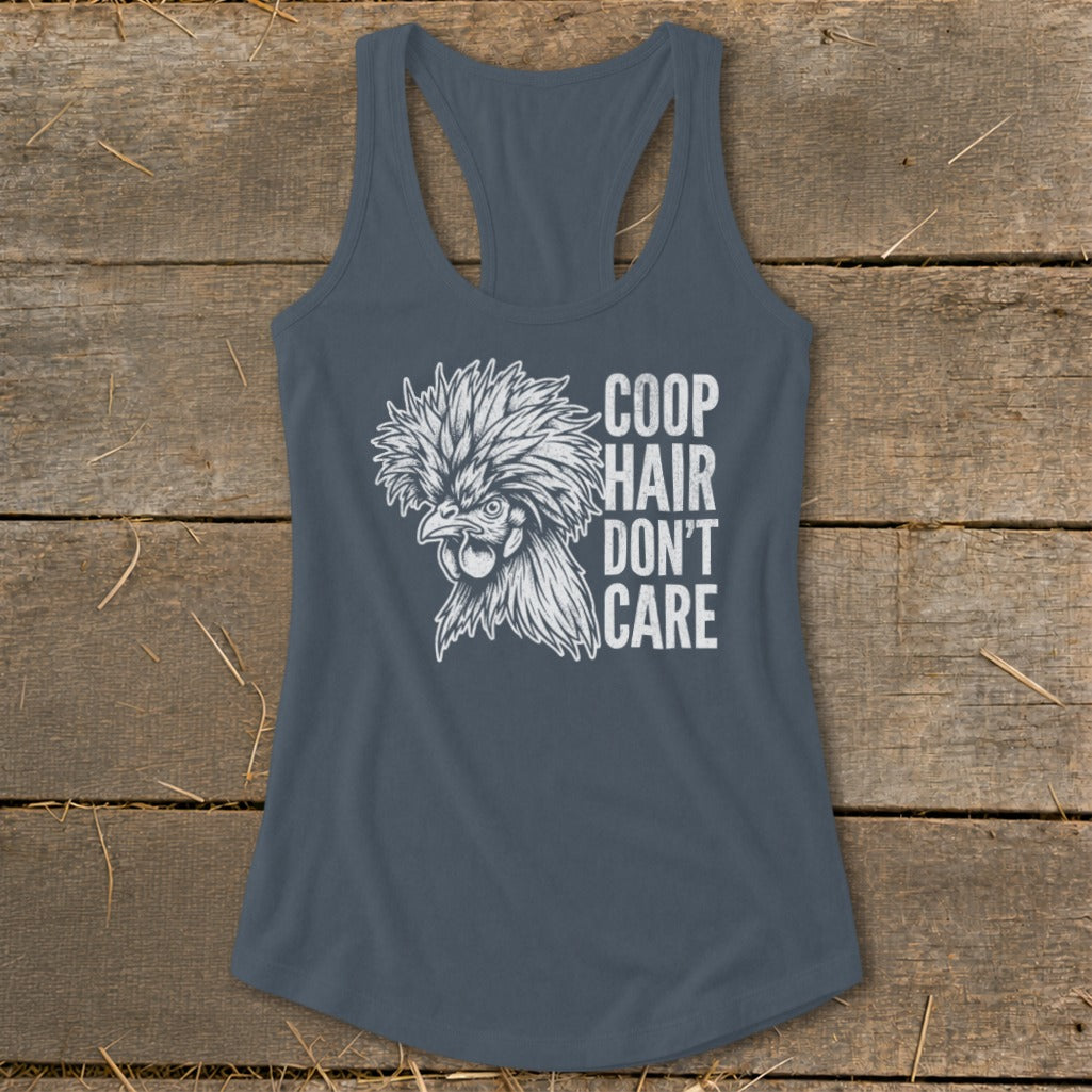 Dark grey tank top with a rooster graphic and "Coop Hair Don't Care" text.