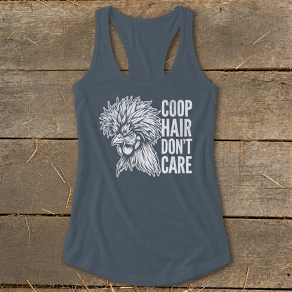 Dark grey tank top with a rooster graphic and "Coop Hair Don't Care" text.