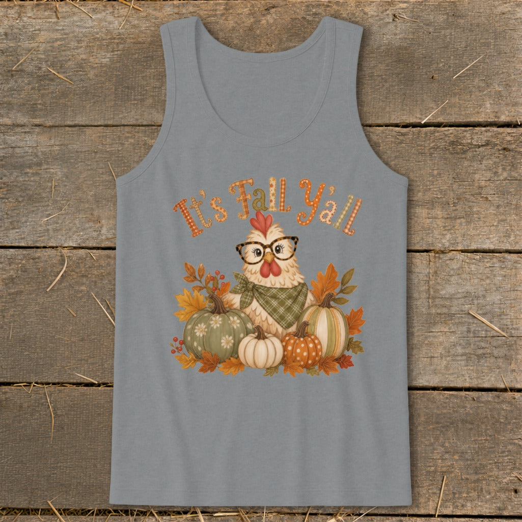 Chicken with glasses surrounded by pumpkins and fall leaves, says "It's Fall Y'all".