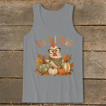 Chicken with glasses surrounded by pumpkins and fall leaves, says "It's Fall Y'all".
