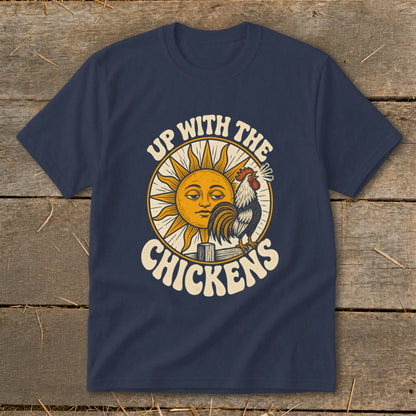 Dark blue t-shirt featuring a retro graphic of a crowing rooster and a smiling sun with text reading UP WITH THE CHICKENS.