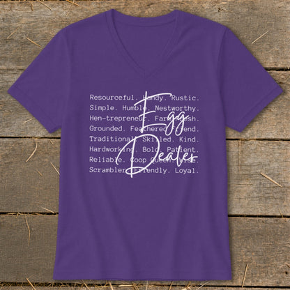 Purple v-neck t-shirt with "Egg Dealer" and descriptive words.