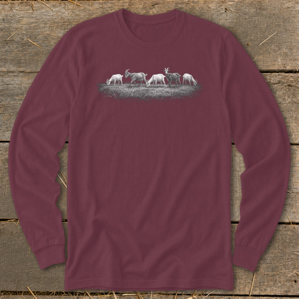 Long sleeve maroon t-shirt with five goats grazing in a field graphic.