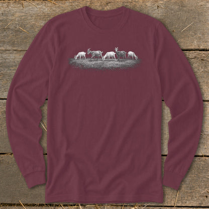 Long sleeve maroon t-shirt with five goats grazing in a field graphic.