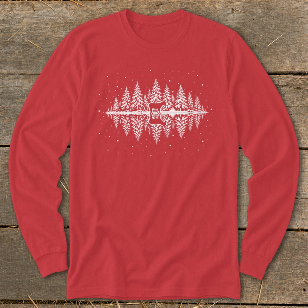 Red long sleeve shirt with white mirrored pine trees and deer graphic.