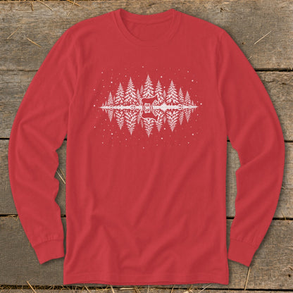 Red long sleeve shirt with white mirrored pine trees and deer graphic.