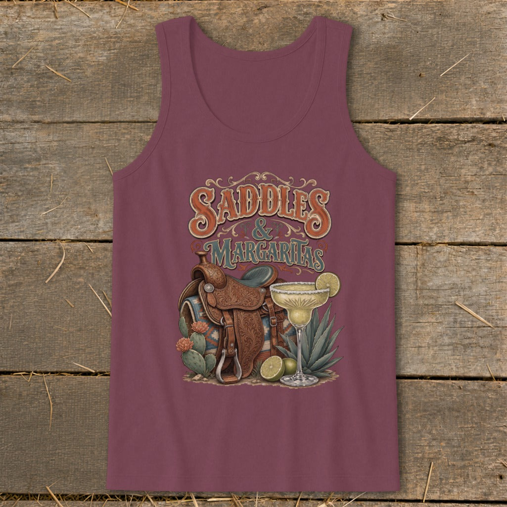 Saddles & Margaritas graphic with a cowboy saddle, margarita, and cacti.