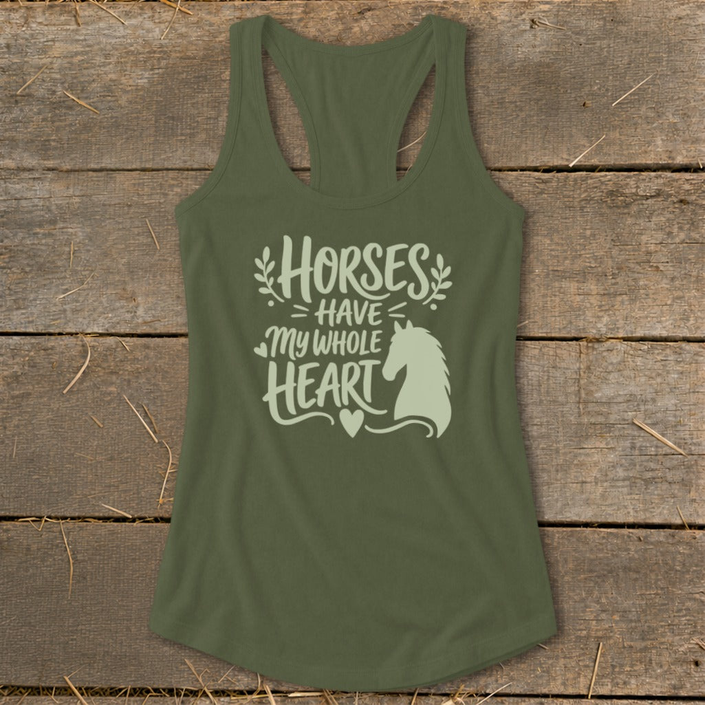 Olive green tank top with "Horses Have My Whole Heart" text and horse silhouette.