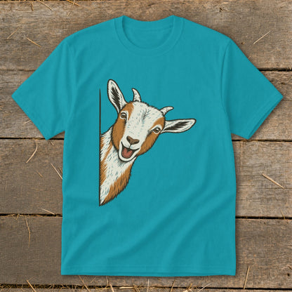 Bright turquoise short-sleeved t-shirt featuring a graphic of a brown and white goat peeking out from the left.