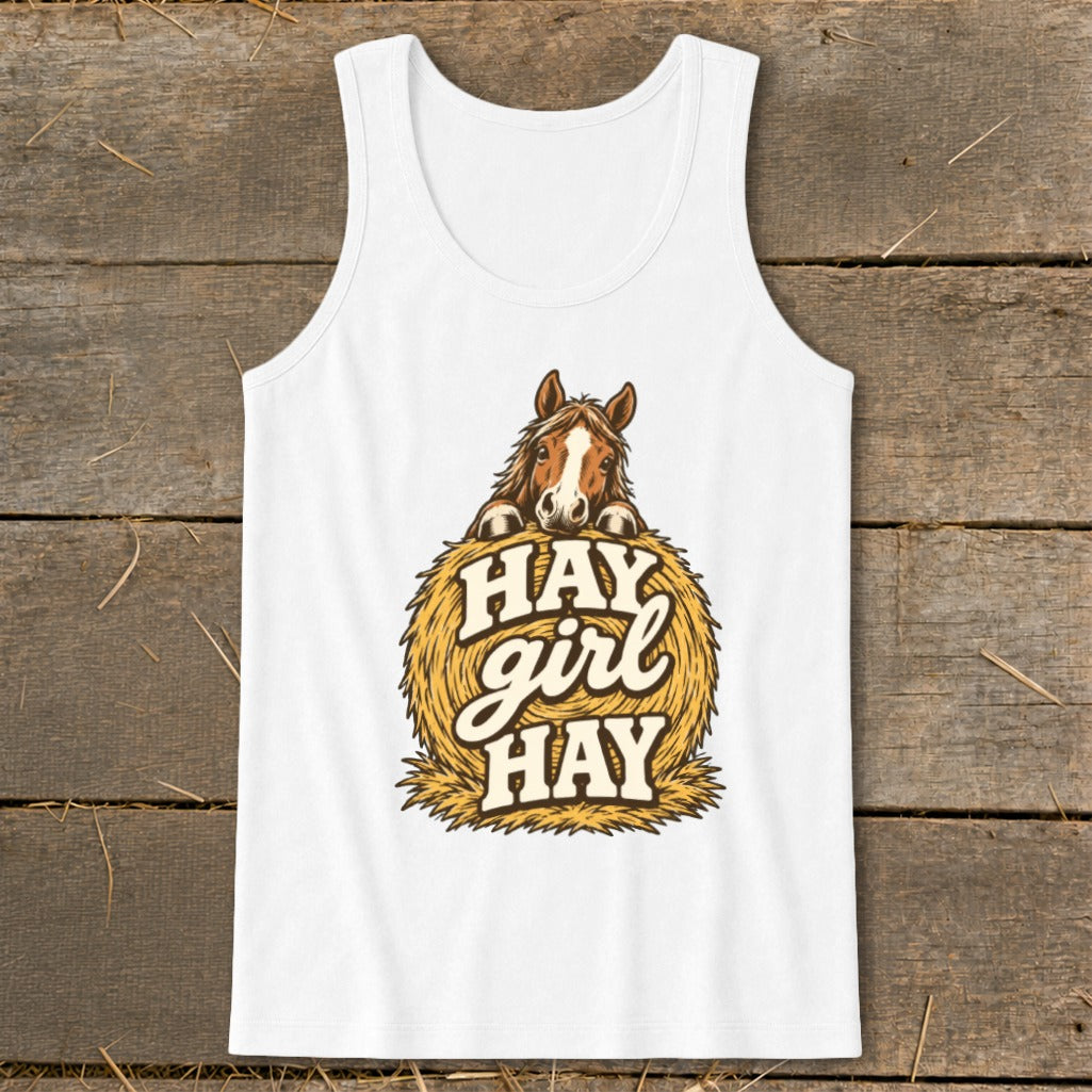White tank top with a horse peeking over a hay bale, text reads "HAY girl HAY".