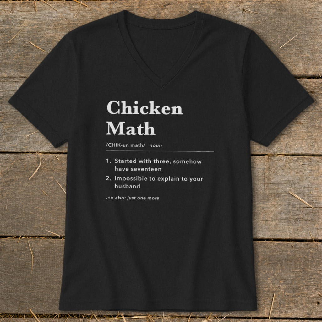 Black t-shirt with "Chicken Math" definition printed in white text.