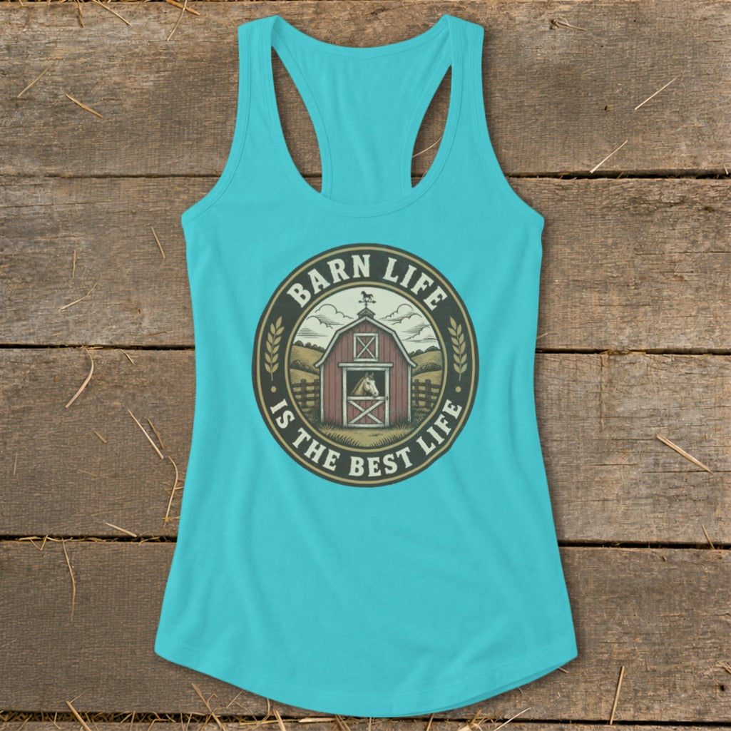 Turquoise tank top with circular "Barn life is the best life" graphic featuring a barn and horse.