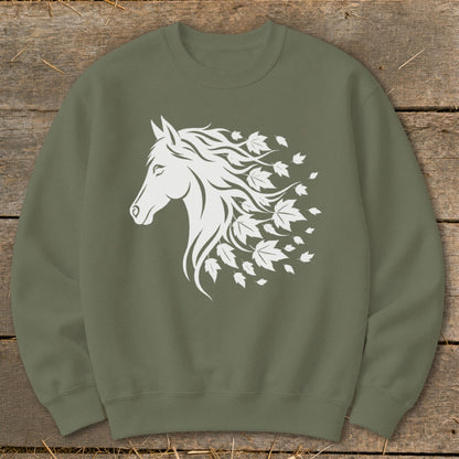 Olive sweatshirt with white horse head and flowing mane with leaves.