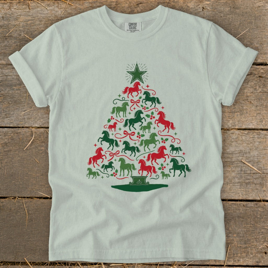 Light grey t-shirt with a Christmas tree shape made of red and green horses.
