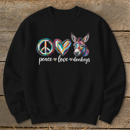 Black sweatshirt with peace, heart, and donkey icons and text: peace love donkeys