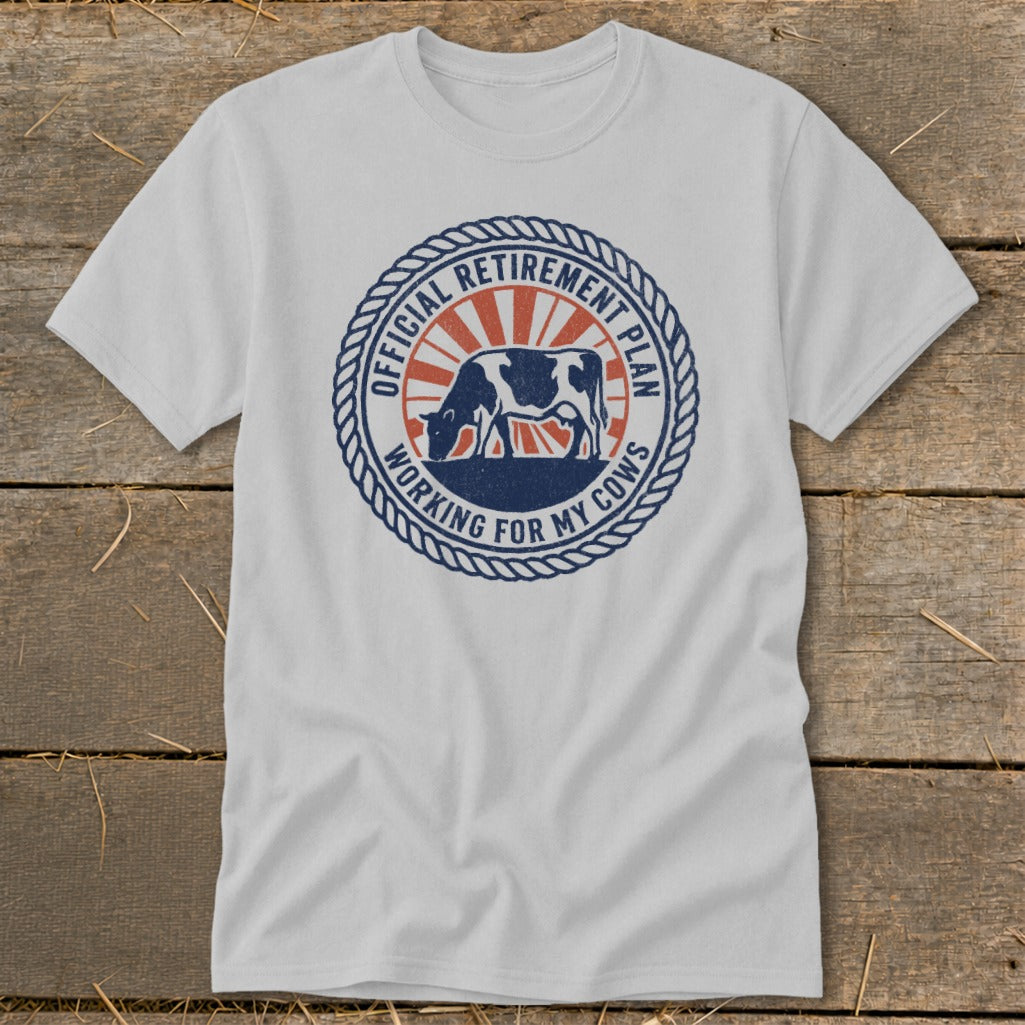 White t-shirt with a circular graphic featuring a cow and text.