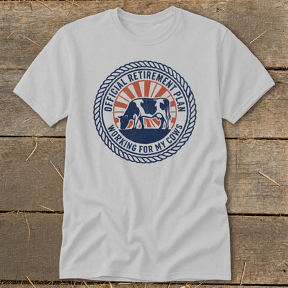 White t-shirt with a circular graphic featuring a cow and text.