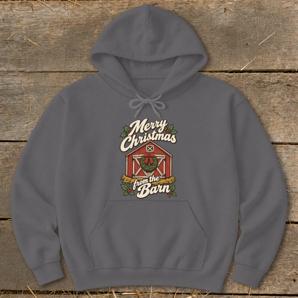 Grey hoodie with "Merry Christmas from the Barn" text and barn graphic.