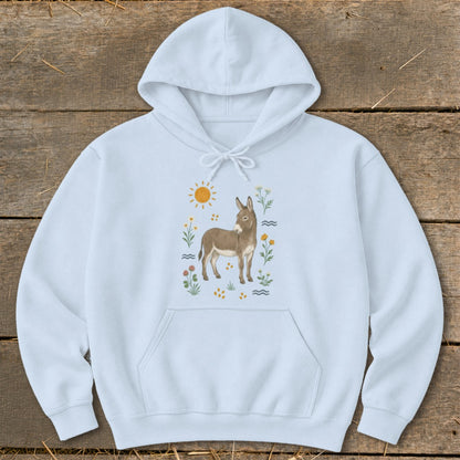 Light blue hoodie with a watercolor donkey surrounded by flowers and sun graphic.