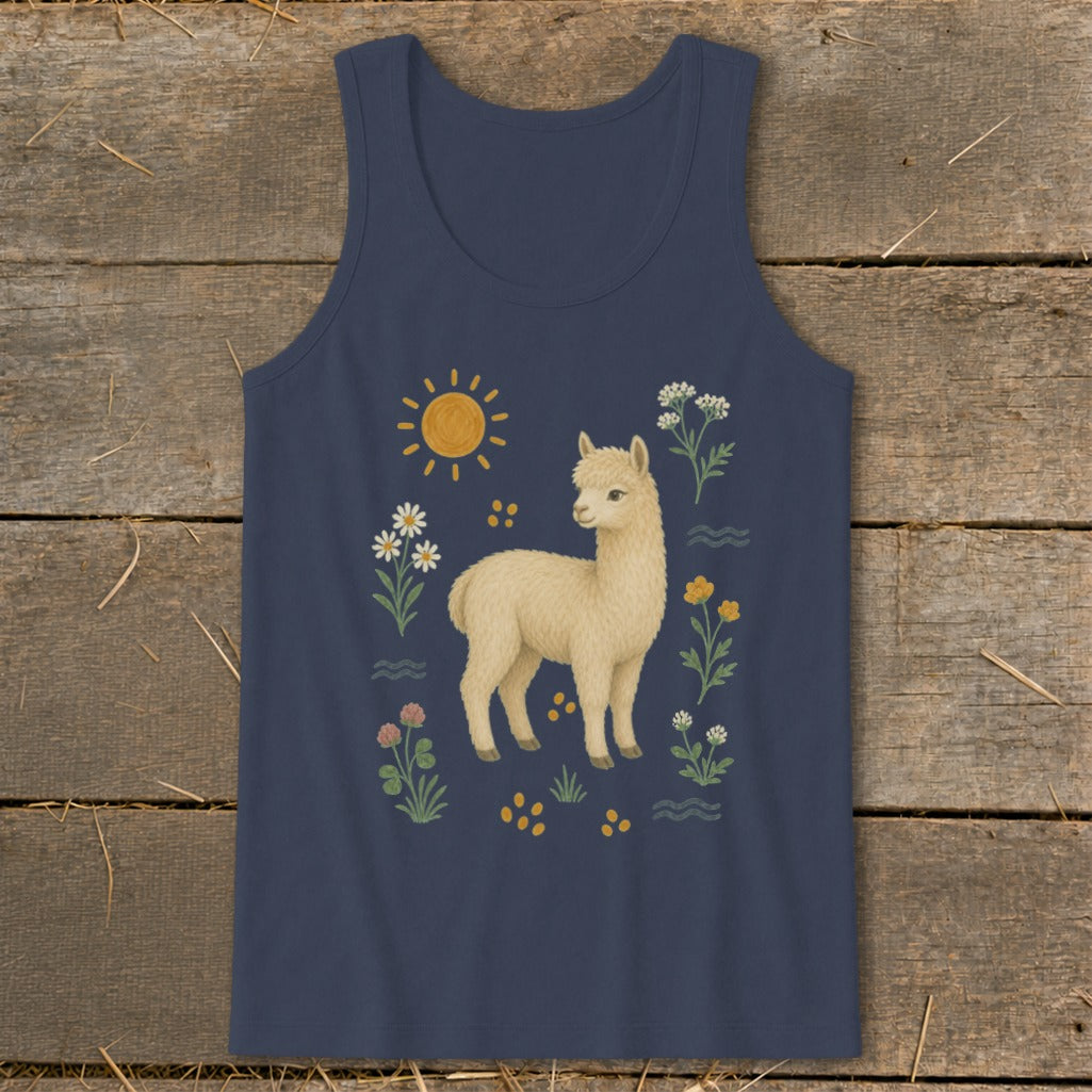 Navy tank top with a cream alpaca illustration surrounded by flowers and sun.