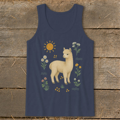 Navy tank top with a cream alpaca illustration surrounded by flowers and sun.