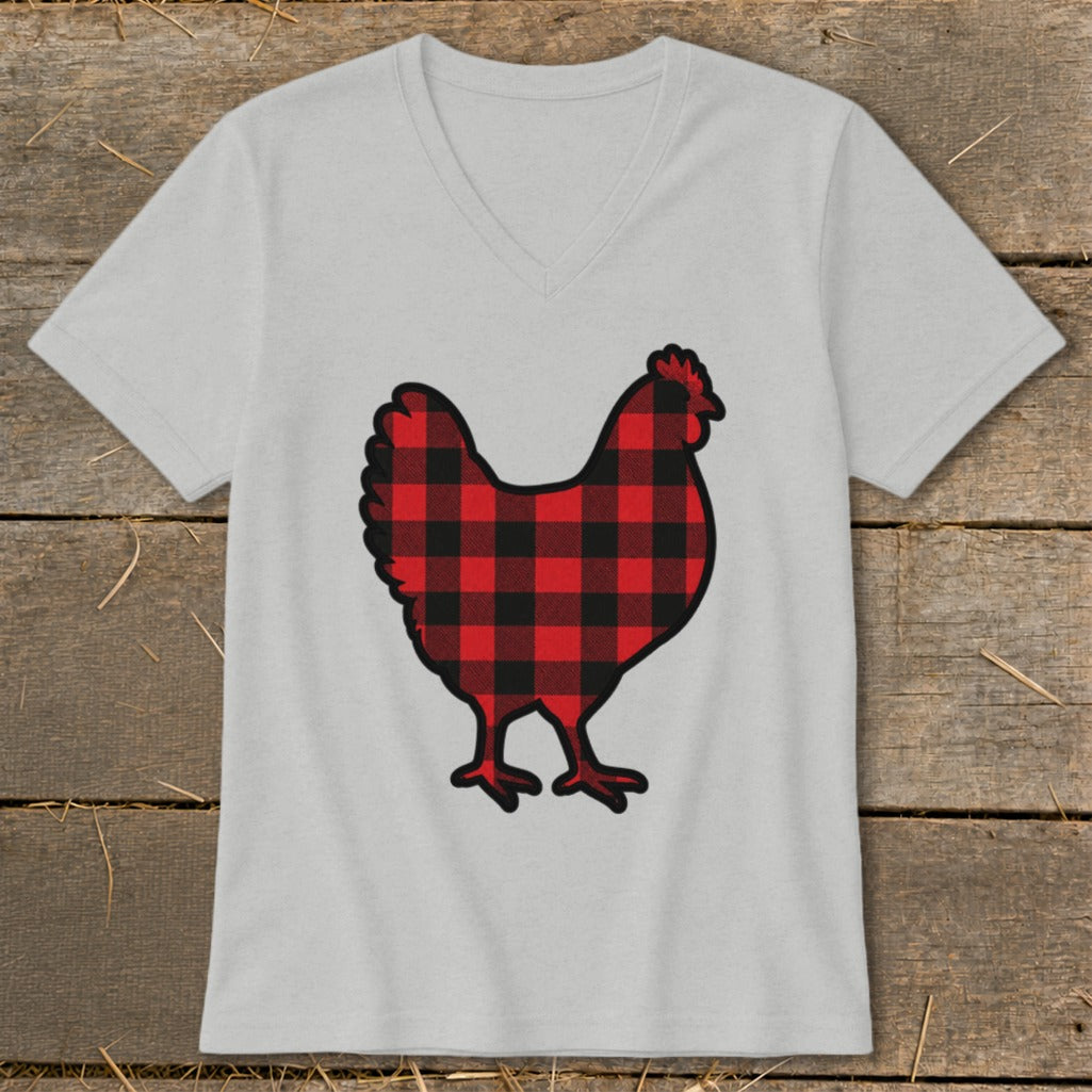 Light gray v-neck t-shirt with a red and black buffalo plaid chicken graphic.