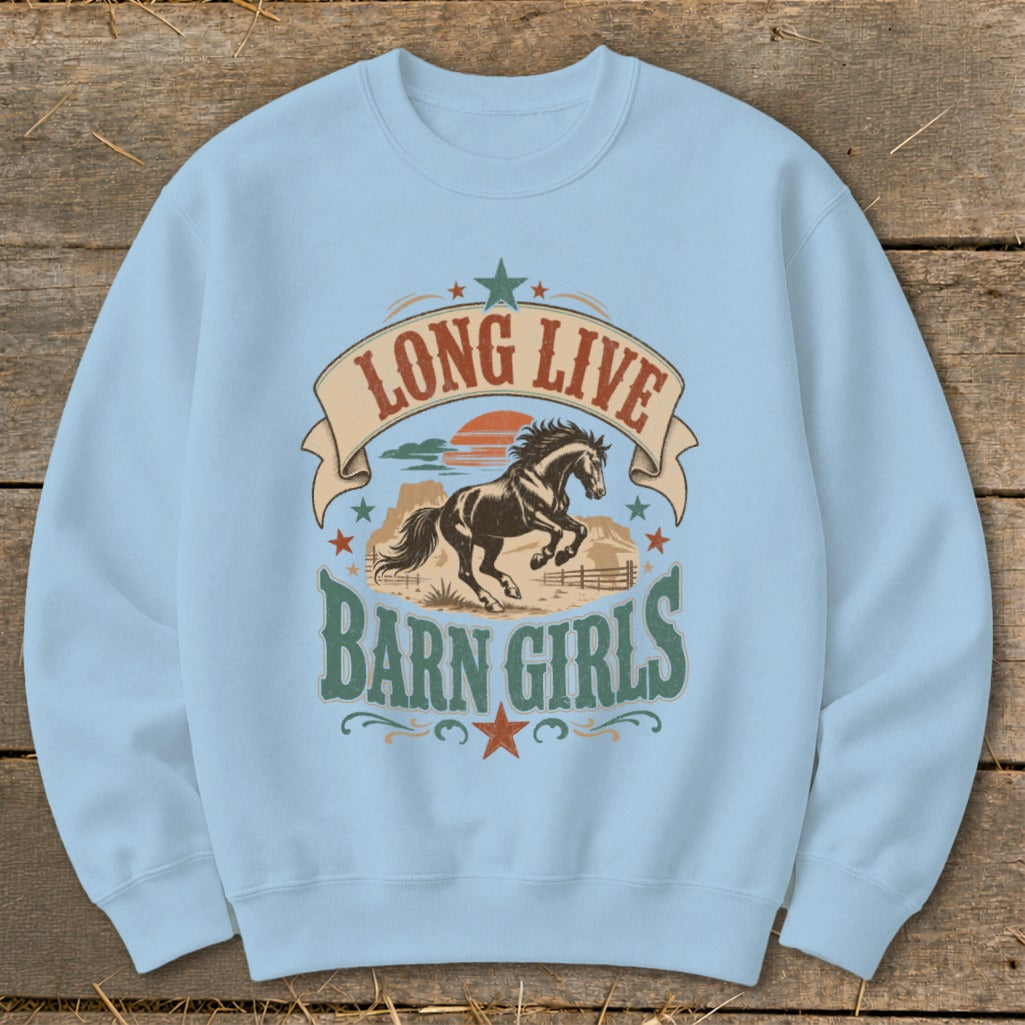 Light blue sweatshirt with "Long Live Barn Girls" text and a horse graphic.