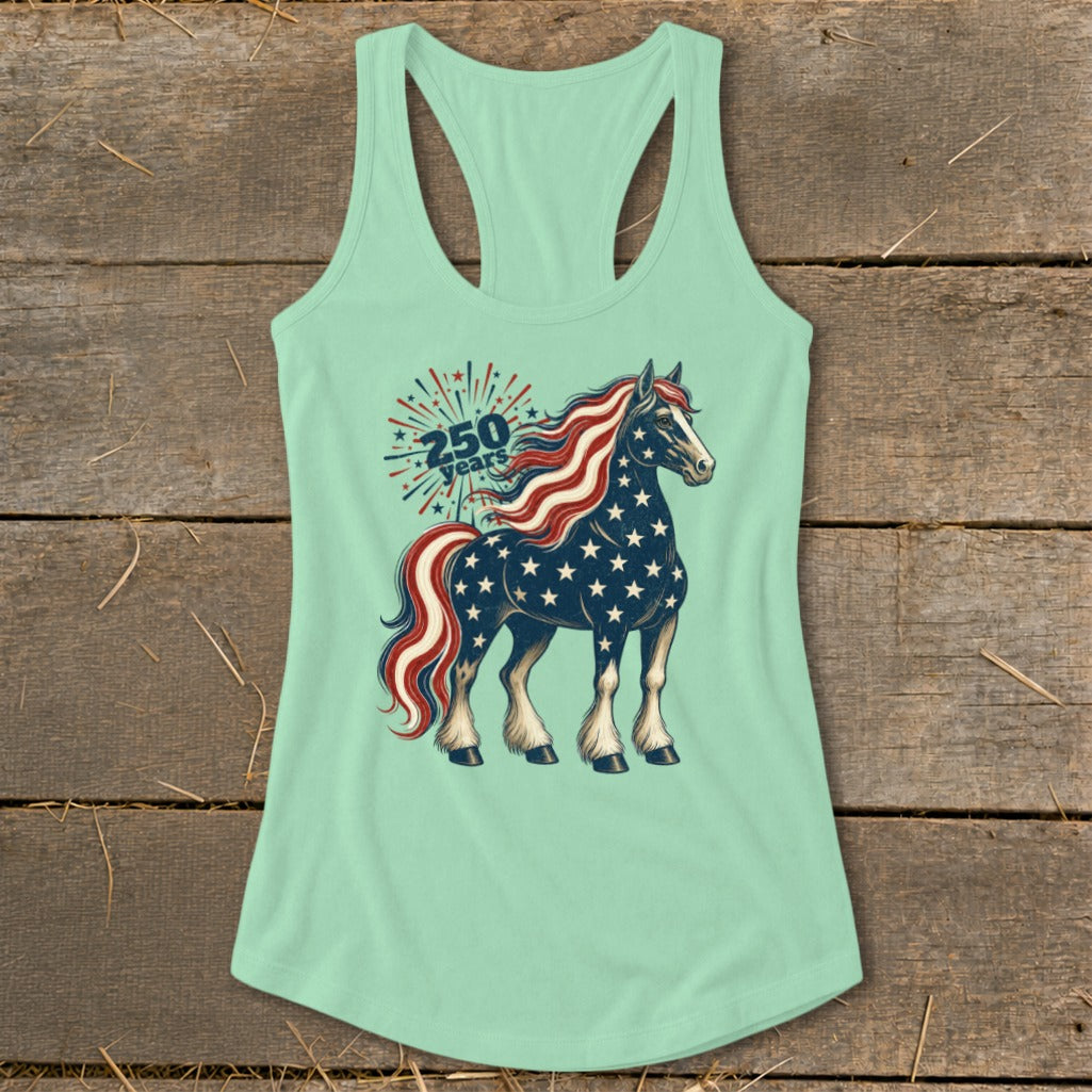 Mint tank top with a horse graphic featuring stars and stripes, and text "250 Years".