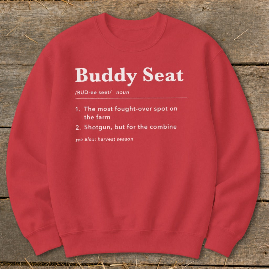 Red sweatshirt with "Buddy Seat" definition text.