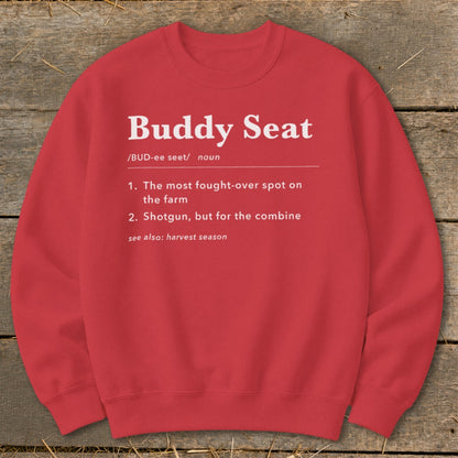 Red sweatshirt with "Buddy Seat" definition text.