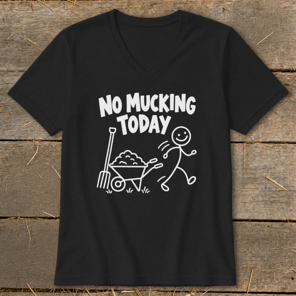 Black t-shirt with "No Mucking Today" text and stick figure design.