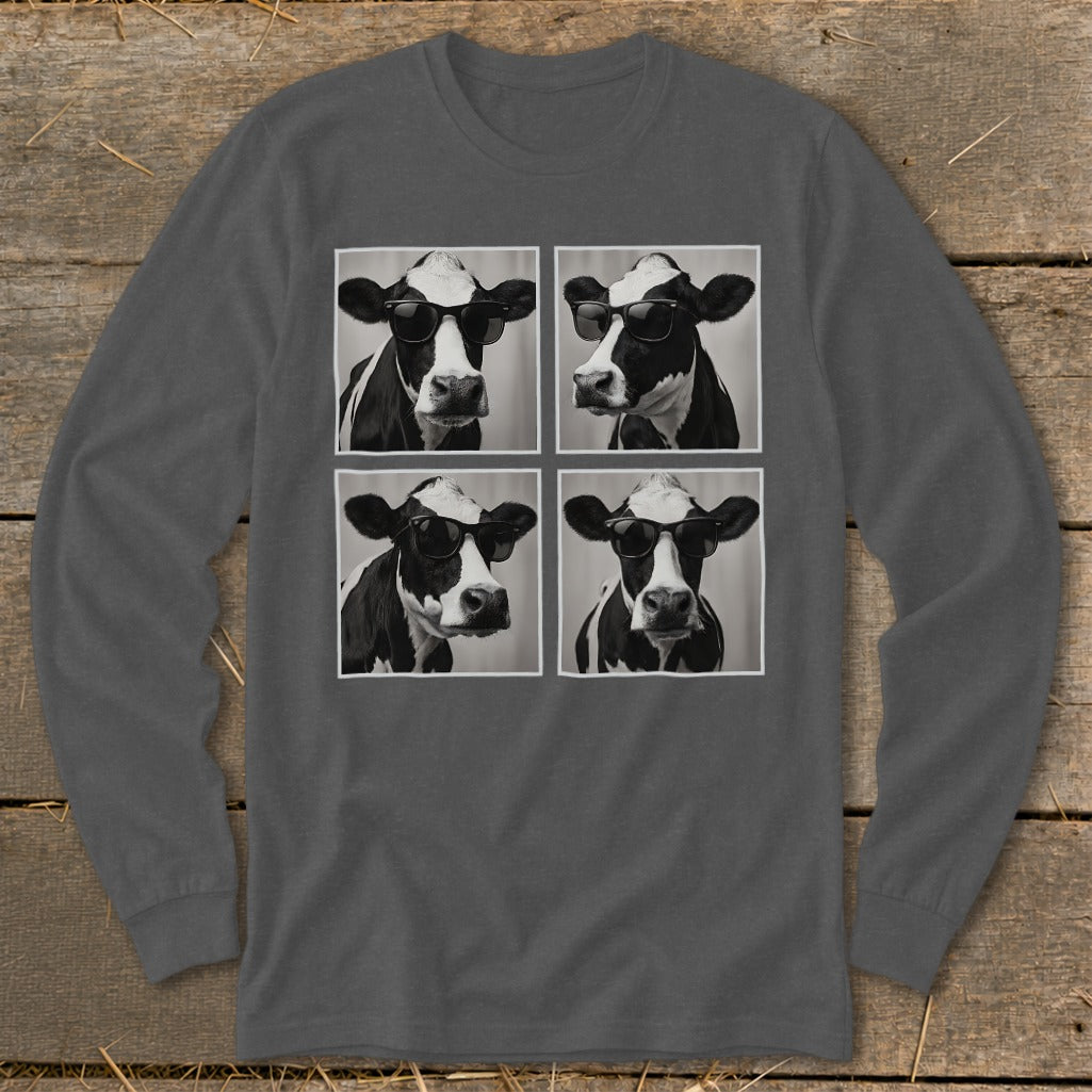 Four black and white portraits of cows wearing sunglasses, arranged in a grid.