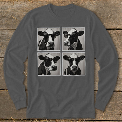 Four black and white portraits of cows wearing sunglasses, arranged in a grid.